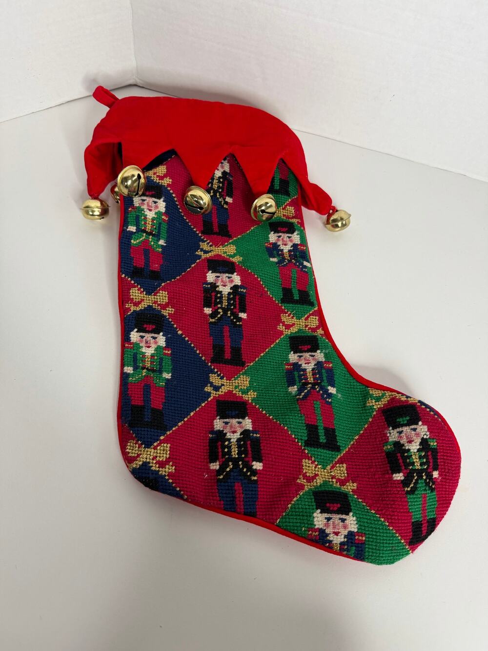 handmade wool needlepoint Christmas stocking nutcracker pattern jingle bells